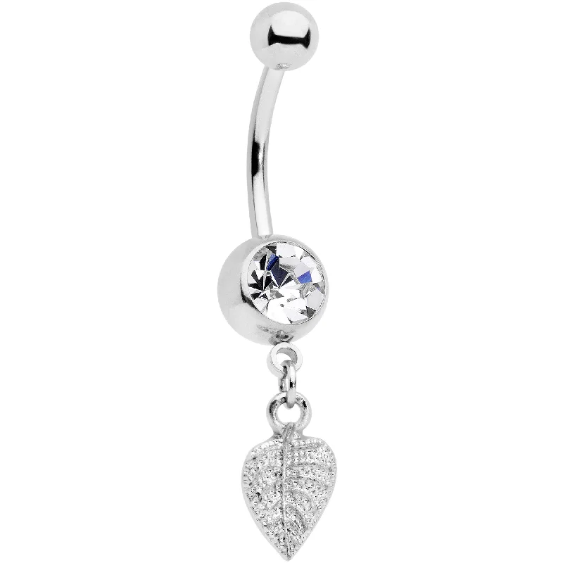 Designer Belly Rings with Artistic Features -Clear Gem Autumn Lovely Textured Leaf Dangle Belly Ring Designer Belly Rings with Artistic Features -Clear Gem Autumn Lovely Textured Leaf Dangle Belly Ring