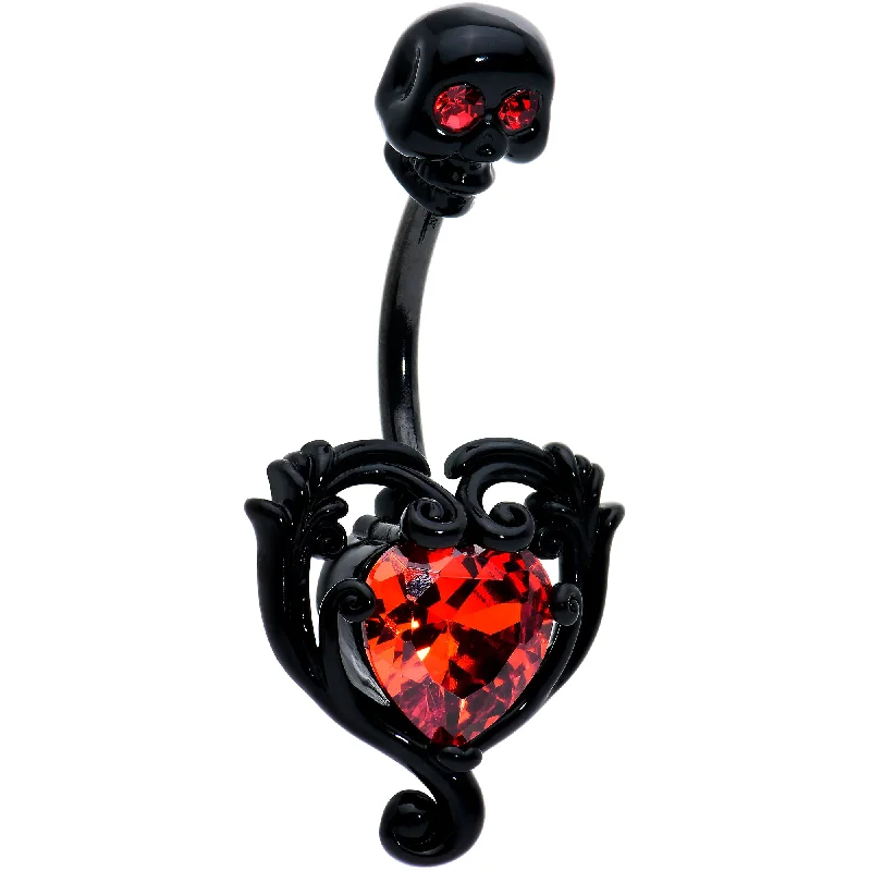 Comfortable Belly Rings with Adjustable Design -Red CZ Gem Black Passion Heart Skull Double Mount Belly Ring Comfortable Belly Rings with Adjustable Design -Red CZ Gem Black Passion Heart Skull Double Mount Belly Ring