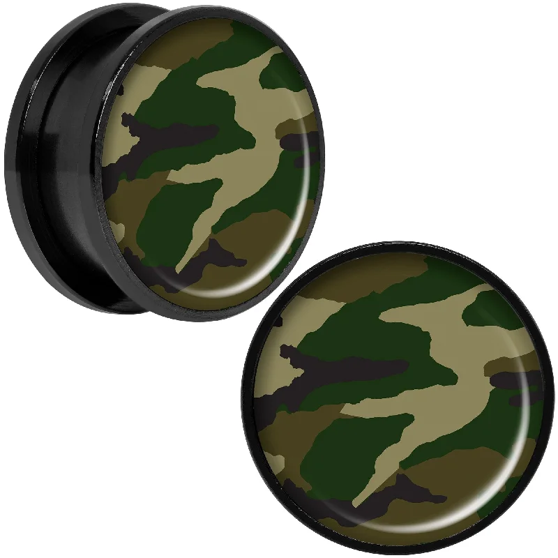 Women's Earrings – Elegant Designs for Every Personality--Woodland Camo Print Black Anodized Screw Fit Plug Set 20mm Women's Earrings – Elegant Designs for Every Personality--Woodland Camo Print Black Anodized Screw Fit Plug Set 20mm