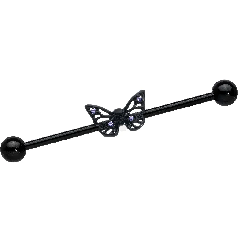 Women's Earrings – Elegant Designs for Every Personality--14 Gauge Purple CZ Gem Black Skull Butterfly Industrial Barbell 38mm