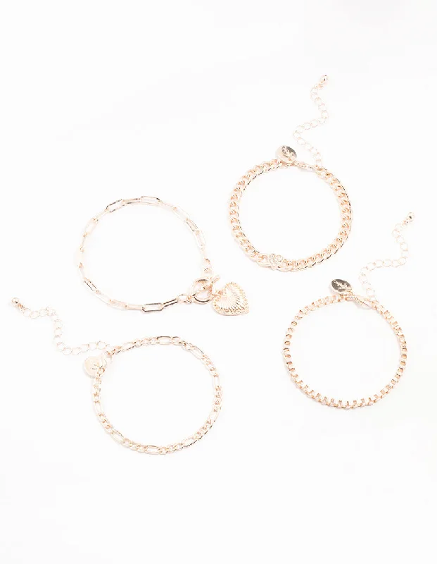 Custom-Engraved Bangles for Women-Rose Gold Diamante T & O Heart Bracelets 4-Pack