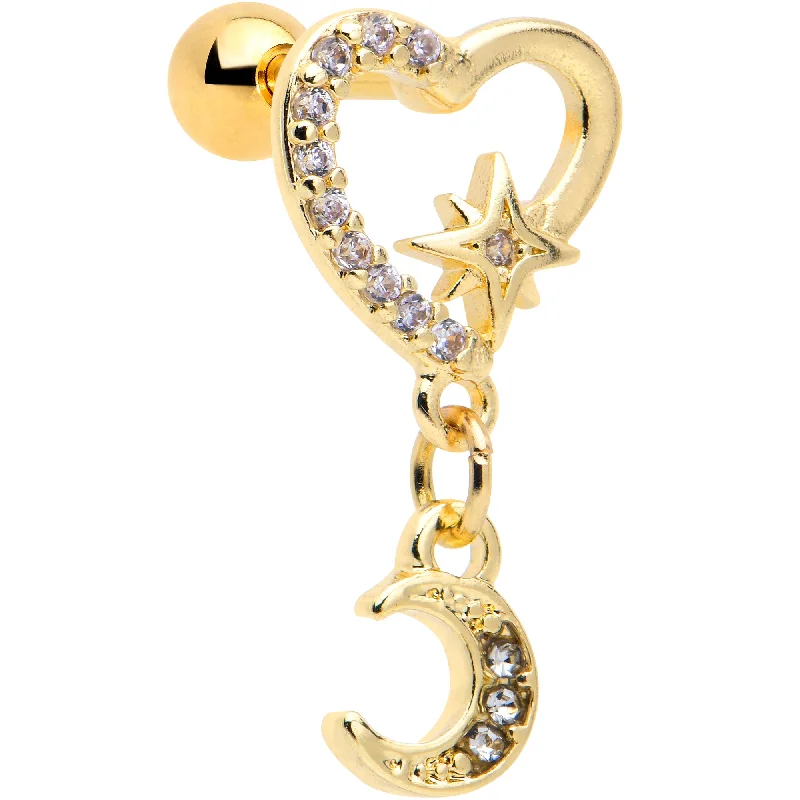 Women's Earrings – Elegant Designs for Every Personality--16 Gauge 1/4 Clear CZ Gem Gold Tone Heart Moon Dangle Cartilage Earring