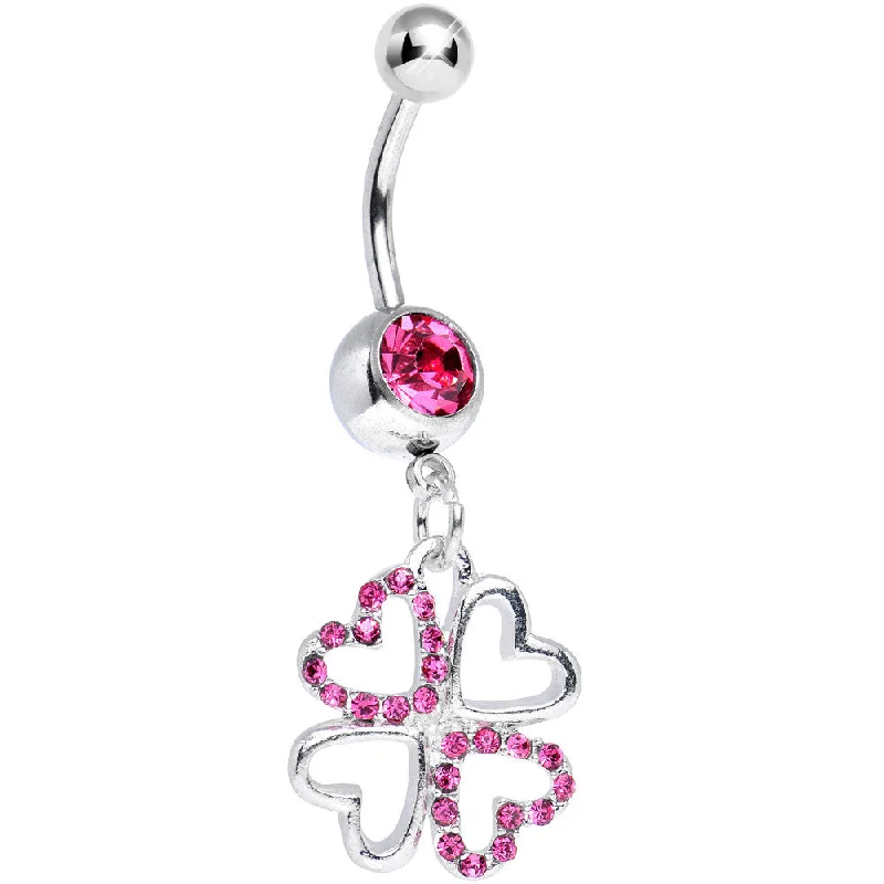 Stylish Belly Rings for Fashionistas -Pink Gem Lucky in Love Clover Dangle Belly Ring Stylish Belly Rings for Fashionistas -Pink Gem Lucky in Love Clover Dangle Belly Ring