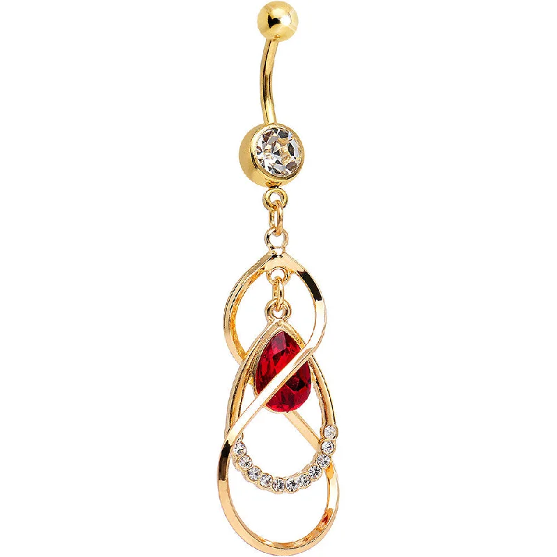 Comfortable Belly Rings with Bold Detailing -Clear Gem Gold Plated Infinity Double Teardrop Dangle Belly Ring Comfortable Belly Rings with Bold Detailing -Clear Gem Gold Plated Infinity Double Teardrop Dangle Belly Ring