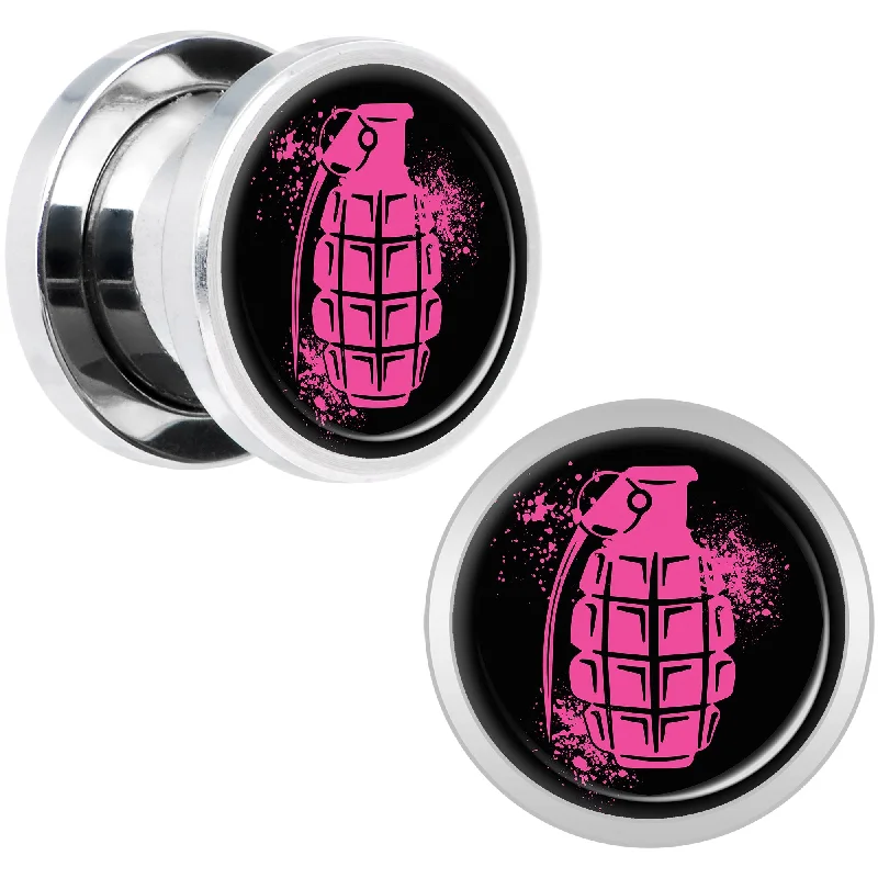 Women's Earrings – Elegant Designs for Every Personality--Pink Grenade Steel Screw Fit Plug Set 00 Gauge Women's Earrings – Elegant Designs for Every Personality--Pink Grenade Steel Screw Fit Plug Set 00 Gauge