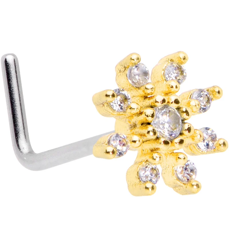 Trendy Nose Rings for Edgy Fashion -20 Gauge 1/4 Clear CZ Gem Gold Tone Flower L Shaped Nose Ring Trendy Nose Rings for Edgy Fashion -20 Gauge 1/4 Clear CZ Gem Gold Tone Flower L Shaped Nose Ring