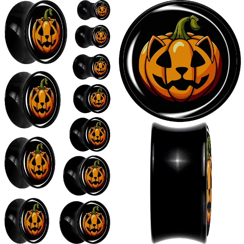 Women's Earrings – Elegant Designs for Every Personality--Orange Pumpkin Cat Jack-O-Lantern Black Acrylic Saddle Plug Set