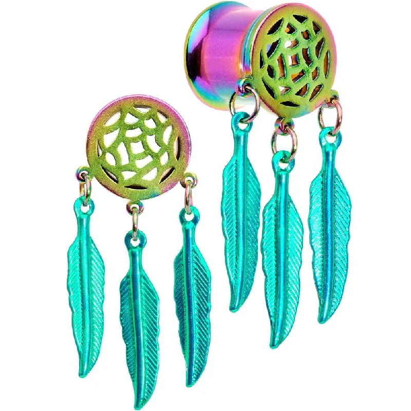 Women's Earrings – Elegant Designs for Every Personality--Rainbow Titanium Dreamcatcher Dangle Tunnel Set Sizes 5mm to 12mm