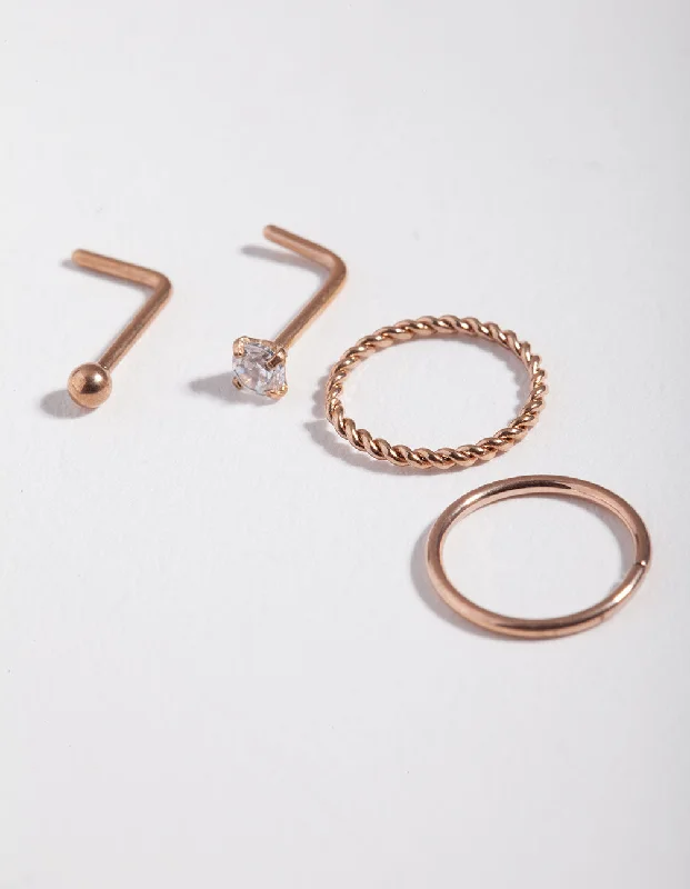 Unique Designer Nose Rings for Modern Looks -Surgical Steel Rose Diamante Twist Nose Stud 4-Pack Unique Designer Nose Rings for Modern Looks -Surgical Steel Rose Diamante Twist Nose Stud 4-Pack