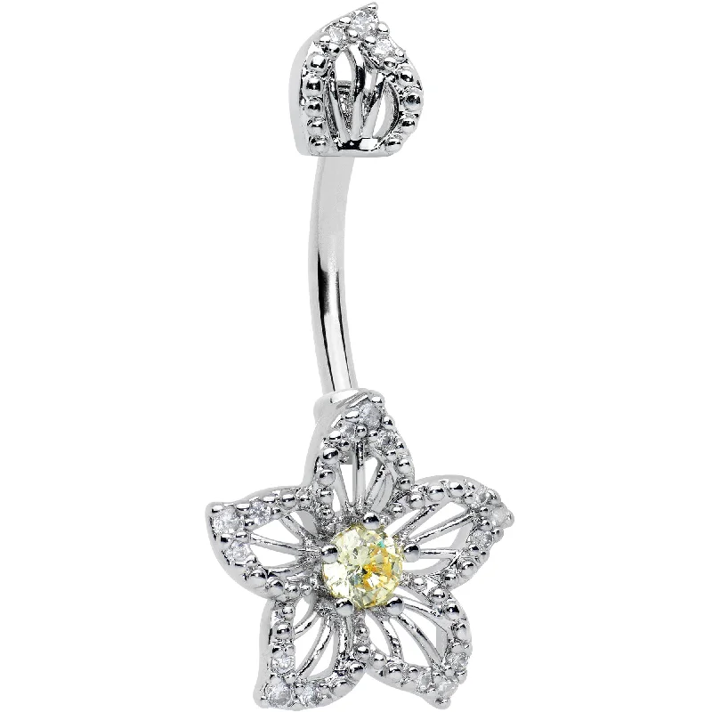 Stylish Belly Rings with Beautiful Details -Clear Yellow Gem Fanciful Flower Double Mount Belly Ring Stylish Belly Rings with Beautiful Details -Clear Yellow Gem Fanciful Flower Double Mount Belly Ring