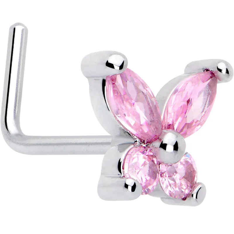 Timeless and Classic Nose Rings -20 Gauge 7mm Pink CZ Gem Open Wing Butterfly L Shape Nose Ring Timeless and Classic Nose Rings -20 Gauge 7mm Pink CZ Gem Open Wing Butterfly L Shape Nose Ring