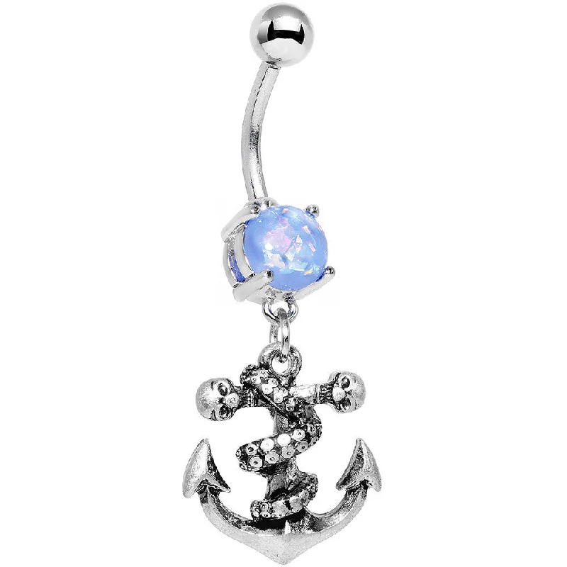 Comfortable Belly Rings for All-Day Comfort -Light Blue Faux Opal Pirate Skull Nautical Anchor Dangle Belly Ring Comfortable Belly Rings for All-Day Comfort -Light Blue Faux Opal Pirate Skull Nautical Anchor Dangle Belly Ring
