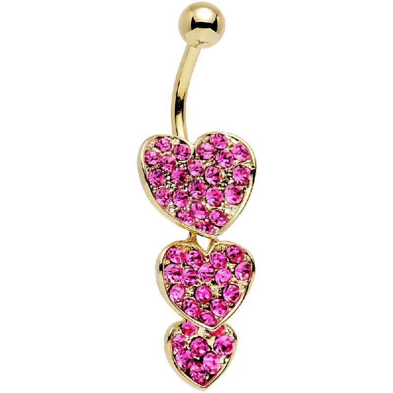Trendy Belly Rings with Creative Accents -Pink Gem Gold Plated Steel Triple Heart Dangle Belly Ring