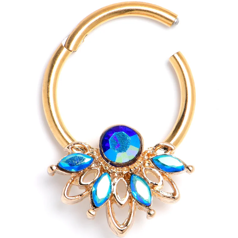 Women's Earrings – Elegant Designs for Every Personality--16 Gauge 3/8 Blue Gem Gold Tone Filigree Tiara Hinged Segment Ring