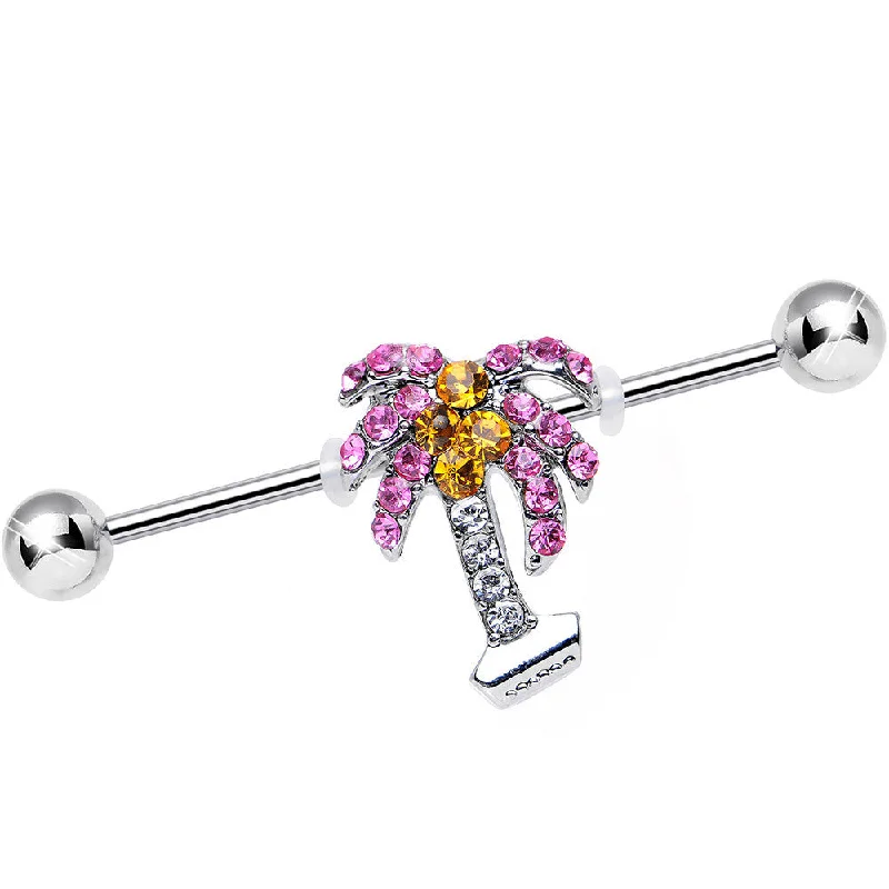 Women's Earrings – Elegant Designs for Every Personality--Pink Yellow Gem Taste of the Tropics Palm Tree Industrial Barbell