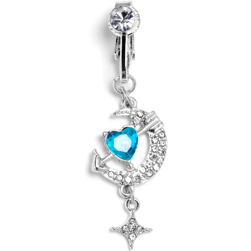 Trendy Belly Rings with Colorful Accents -Clear Blue Gem Moon Lover Dangle Clip On Fake Belly Ring Trendy Belly Rings with Colorful Accents -Clear Blue Gem Moon Lover Dangle Clip On Fake Belly Ring