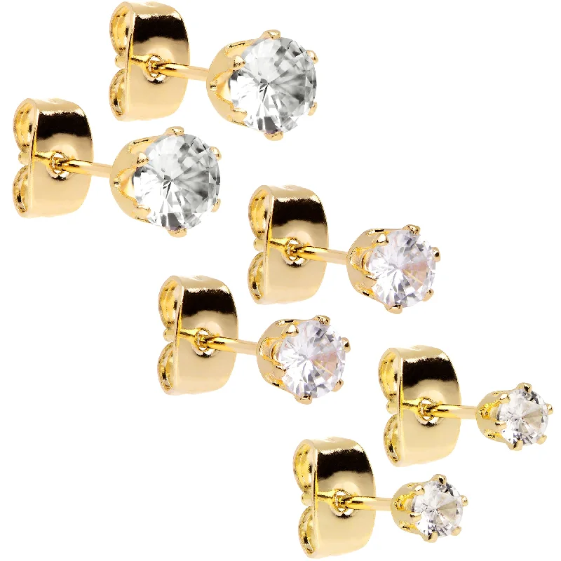 Women's Earrings – Elegant Designs for Every Personality--20 Gauge Clear CZ Gem Gold Tone 3mm to 5mm Post Stud Earring Set of 3 Women's Earrings – Elegant Designs for Every Personality--20 Gauge Clear CZ Gem Gold Tone 3mm to 5mm Post Stud Earring Set of 3