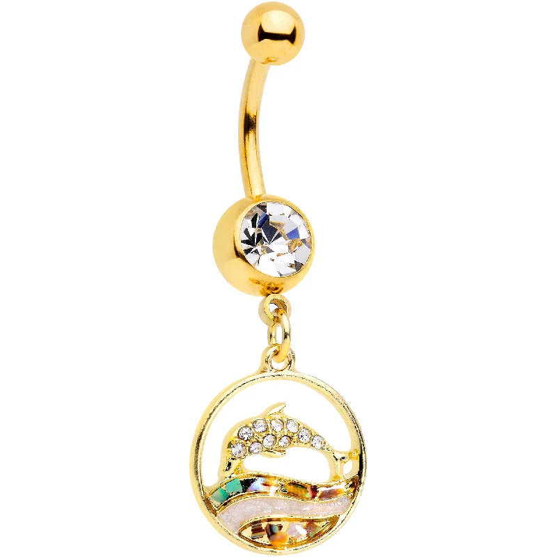 Custom Belly Rings for Unique Appeal -Clear Gem Gold Tone Leaping Dolphin Dangle Belly Ring Custom Belly Rings for Unique Appeal -Clear Gem Gold Tone Leaping Dolphin Dangle Belly Ring