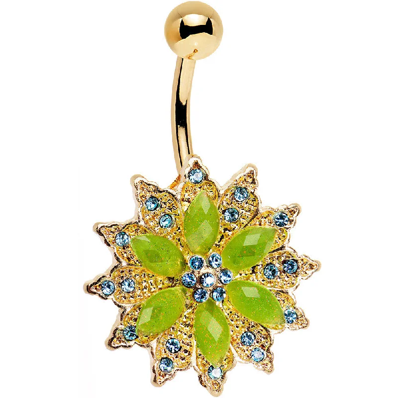 Stylish Belly Rings for Exclusive Fashion -Green Aqua Gem Gold Anodized Starbust Power Flower Belly Ring Stylish Belly Rings for Exclusive Fashion -Green Aqua Gem Gold Anodized Starbust Power Flower Belly Ring