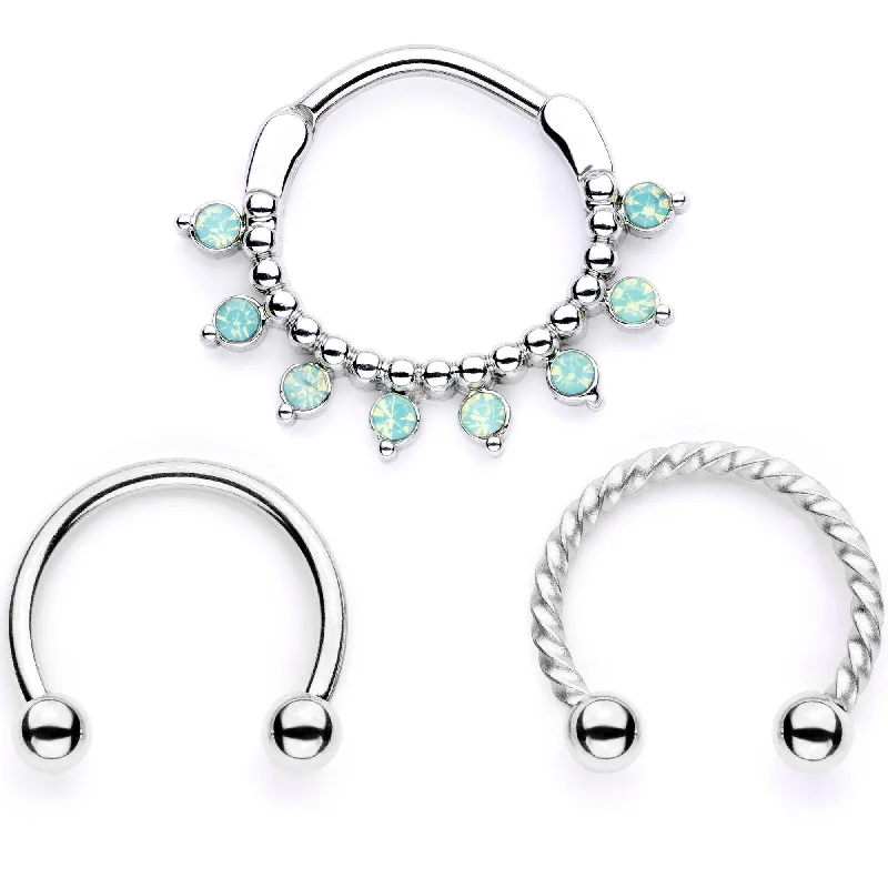 Nose Rings for Traditional Looks -16 Gauge 3/8 Teal Faux Opal Twisted Horseshoe and Clicker Set of 3 Nose Rings for Traditional Looks -16 Gauge 3/8 Teal Faux Opal Twisted Horseshoe and Clicker Set of 3
