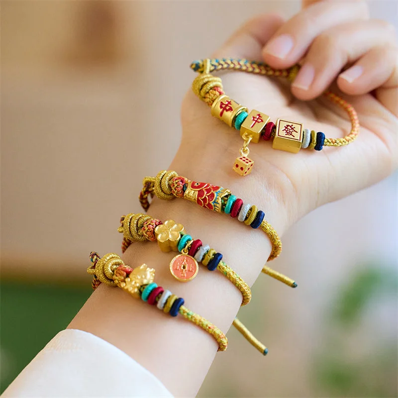 Handcrafted Wooden Bangles for Women-Buddha Stones Year of the Dragon Koi Fish Mahjong Dice Peach Blossoms Copper Coin Luck Braided Bracelet