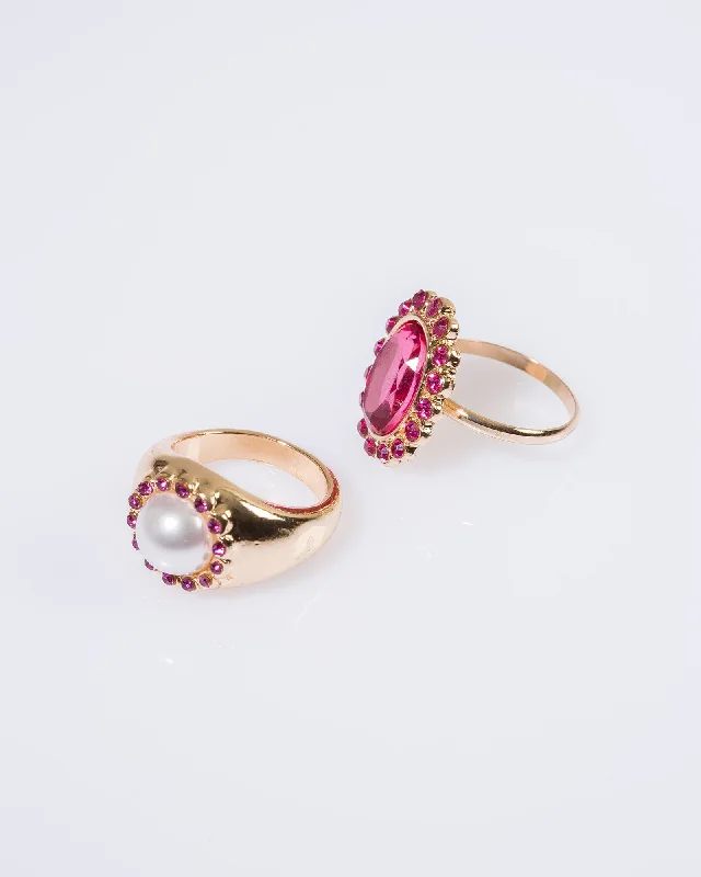 Chic Women's Rings for Fashion-Forward Looks-Pink Pearl Crystal Statement Ring Pack
