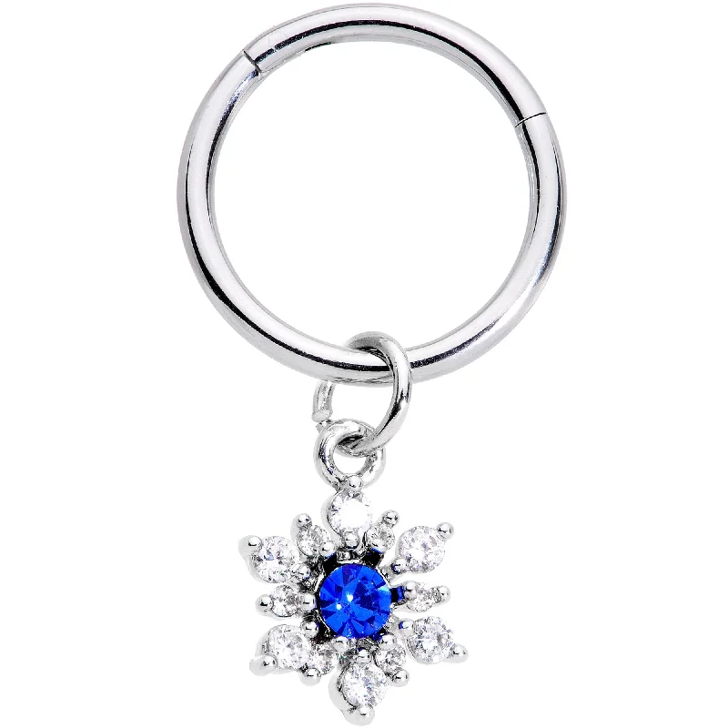 Nose Rings with Gold Finish -16 Gauge 3/8 Blue Clear Snowflake Hinged Dangle Segment Ring Nose Rings with Gold Finish -16 Gauge 3/8 Blue Clear Snowflake Hinged Dangle Segment Ring