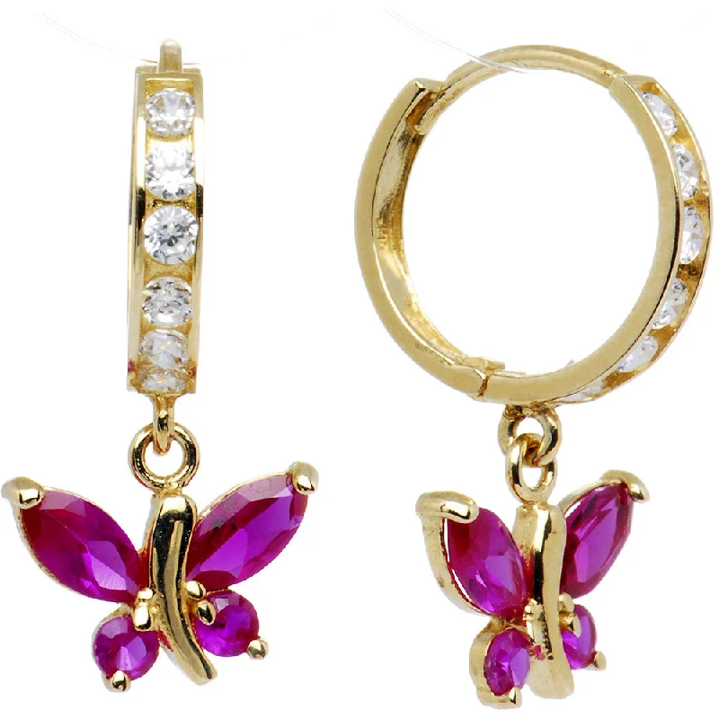 Women's Earrings – Elegant Designs for Every Personality--14kt Yellow Gold Fuchsia CZ Butterfly Huggy Earrings Women's Earrings – Elegant Designs for Every Personality--14kt Yellow Gold Fuchsia CZ Butterfly Huggy Earrings