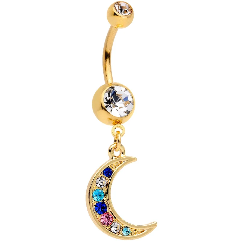 Elegant Belly Rings with Unique Details -Multicolor Gem Gold Tone Crescent Moon Dangle Belly Ring Elegant Belly Rings with Unique Details -Multicolor Gem Gold Tone Crescent Moon Dangle Belly Ring