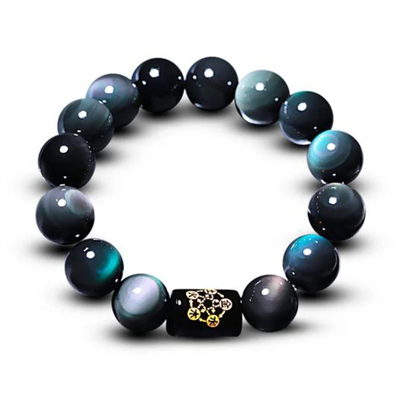 Engraved Metal Bracelets for Men-Buddha Stones Natural Rainbow Obsidian Positive Transformation Bracelet Engraved Metal Bracelets for Men-Buddha Stones Natural Rainbow Obsidian Positive Transformation Bracelet