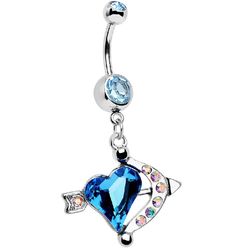Designer Belly Rings for Elegant Style -Aqua Aurora Gem Cupids Aim Arrow and Heart Dangle Belly Ring