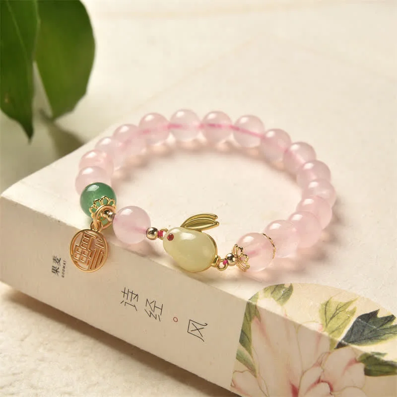 Bangles for Women with Handcrafted Details-Year of the Rabbit Natural Pink Crystal Green Agate Bunny Love Happiness Bracelet Bangles for Women with Handcrafted Details-Year of the Rabbit Natural Pink Crystal Green Agate Bunny Love Happiness Bracelet