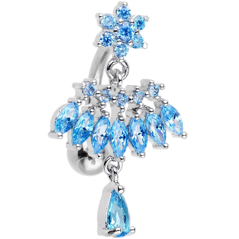 Trendy Belly Rings with Stunning Details -Aqua CZ Chandelier Top Mount Dangle Belly Ring Trendy Belly Rings with Stunning Details -Aqua CZ Chandelier Top Mount Dangle Belly Ring
