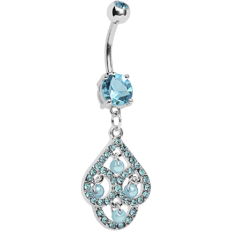 Belly Rings with Silver Finish -Aqua Gem Faux Pearl Swirl Dangle Belly Ring