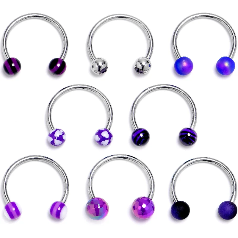Nose Rings with Dazzling Details -16 Gauge 3/8 Pattern Purple White Horseshoe Circular Barbell Set of 8 Nose Rings with Dazzling Details -16 Gauge 3/8 Pattern Purple White Horseshoe Circular Barbell Set of 8