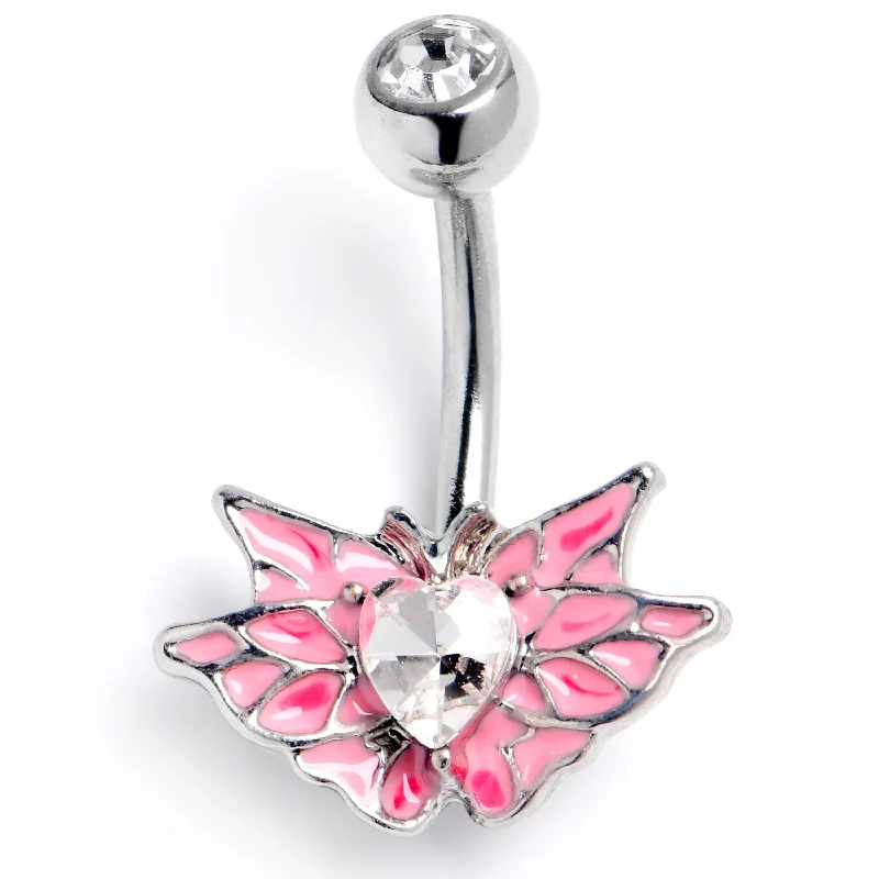 Belly Rings with Gold Finish for Elegant Style -Clear Gem Heart Butterfly Pink Belly Ring Belly Rings with Gold Finish for Elegant Style -Clear Gem Heart Butterfly Pink Belly Ring