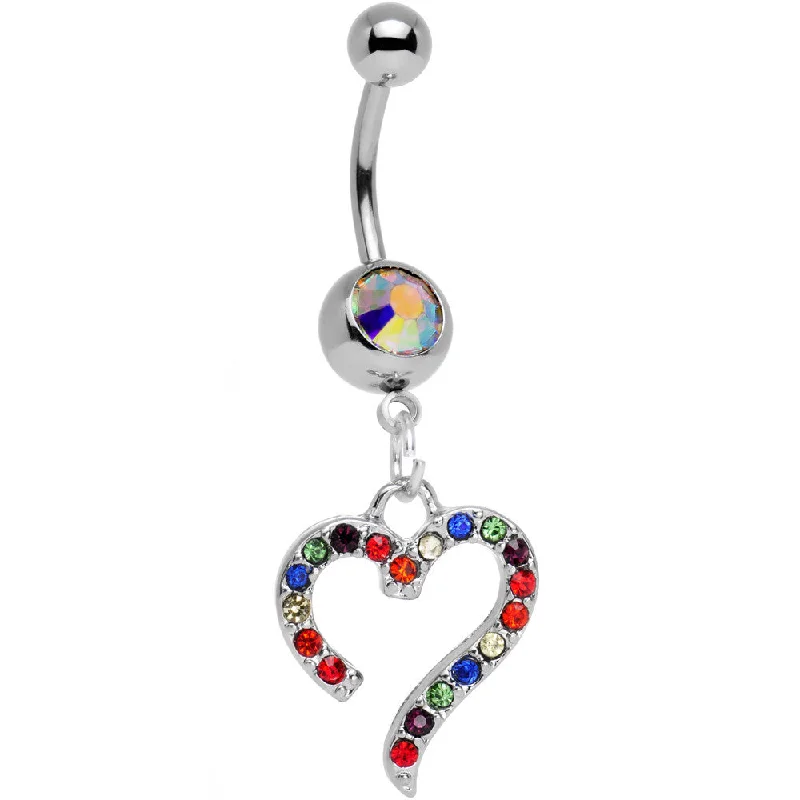 Unique Belly Rings with Sparkling Stones -Aurora Gem Stainless Steel Rainbow Heart Dangle Belly Ring Unique Belly Rings with Sparkling Stones -Aurora Gem Stainless Steel Rainbow Heart Dangle Belly Ring