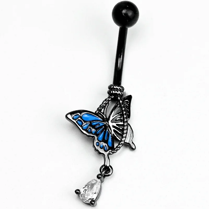 Elegant Belly Rings with Unique Details -Clear Gem Black Blue Butterfly Catching Dangle Belly Ring Elegant Belly Rings with Unique Details -Clear Gem Black Blue Butterfly Catching Dangle Belly Ring