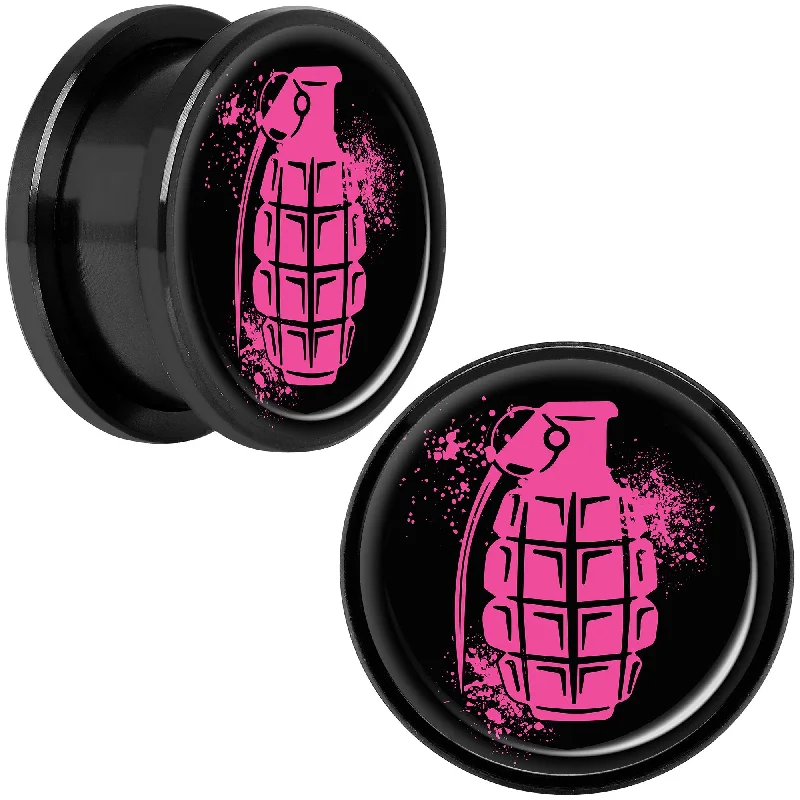 Women's Earrings – Elegant Designs for Every Personality--Pink Grenade Black Anodized Screw Fit Plug Set 18mm Women's Earrings – Elegant Designs for Every Personality--Pink Grenade Black Anodized Screw Fit Plug Set 18mm