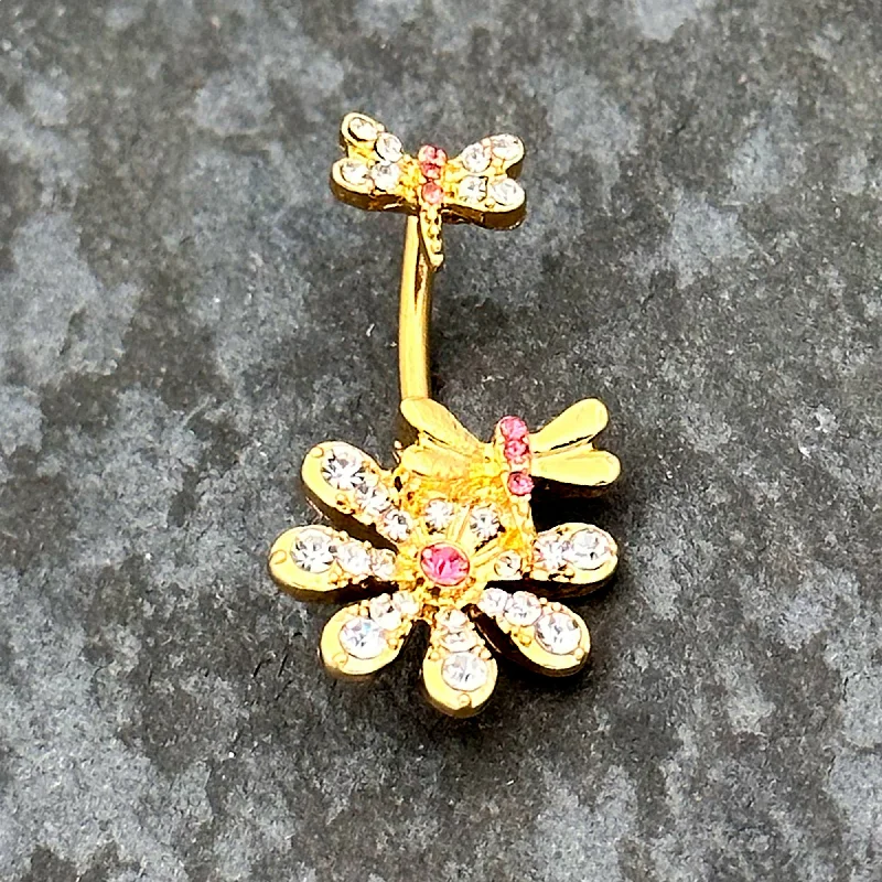 Beautiful Belly Rings for Fashion-Forward Style -Clear Pink Gem Gold Tone Flower Bug Double Mount Belly Ring Beautiful Belly Rings for Fashion-Forward Style -Clear Pink Gem Gold Tone Flower Bug Double Mount Belly Ring