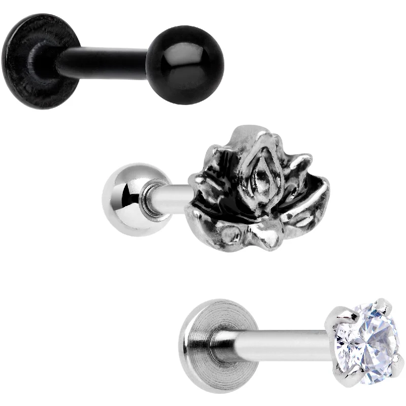 Women's Earrings – Elegant Designs for Every Personality--16 Gauge 1/4 Clear Gem Lotus Flower Black Cartilage Tragus Earring Set of 3 Women's Earrings – Elegant Designs for Every Personality--16 Gauge 1/4 Clear Gem Lotus Flower Black Cartilage Tragus Earring Set of 3
