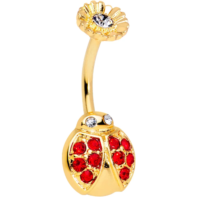 Comfortable Belly Rings for Daily Fashion -Red Clear Gem Gold Tone Ladybug Flower Belly Ring Comfortable Belly Rings for Daily Fashion -Red Clear Gem Gold Tone Ladybug Flower Belly Ring