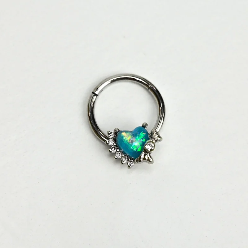 Designer Nose Rings for Elegant Women -16 Gauge 3/8 Green Faux Opal Sunny Heart Hinged Segment Ring Designer Nose Rings for Elegant Women -16 Gauge 3/8 Green Faux Opal Sunny Heart Hinged Segment Ring