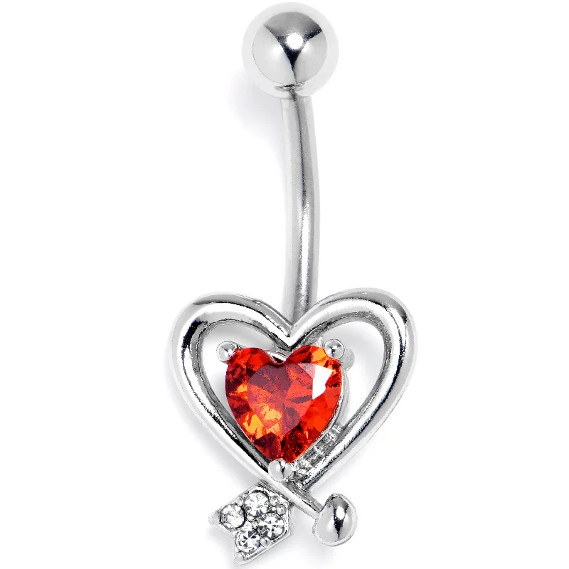 Belly Rings for Fun Fashion Styles -Red CZ Gem Wrapped In Heart Belly Ring