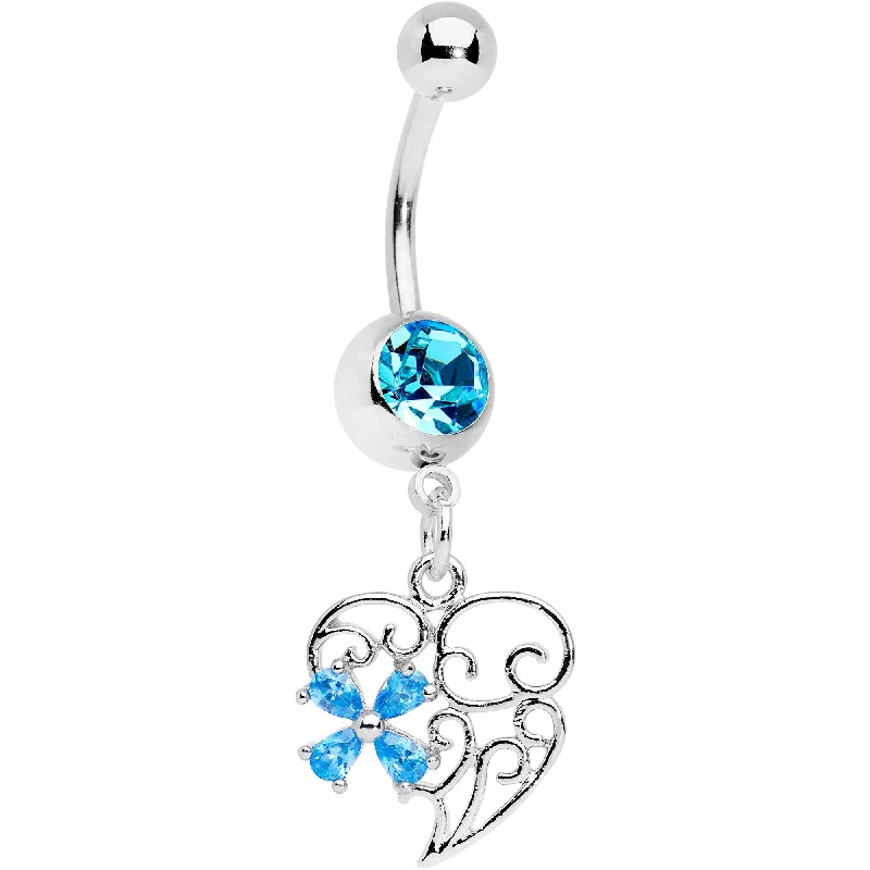 Comfortable Belly Rings for Unique Fashion -Aqua Gem Filigree Heart Flower Dangle Belly Ring Comfortable Belly Rings for Unique Fashion -Aqua Gem Filigree Heart Flower Dangle Belly Ring
