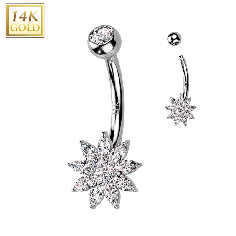 Stunning Belly Rings with Shiny Stones -14kt Solid White Gold Cubic Zirconia Floral Flower Belly Ring Stunning Belly Rings with Shiny Stones -14kt Solid White Gold Cubic Zirconia Floral Flower Belly Ring