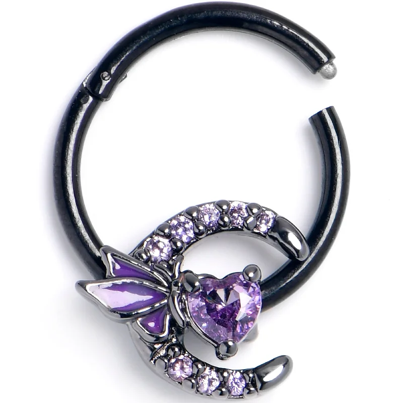 Women's Earrings – Elegant Designs for Every Personality--16 Gauge 3/8 Purple Gem Black Butterfly Heart Moon Hinged Segment Ring