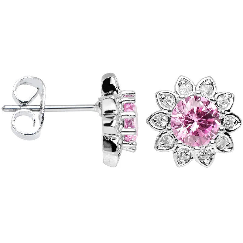 Women's Earrings – Elegant Designs for Every Personality--Pink Clear Cubic Zirconia Brilliant Sunburst Flower Stud Earrings