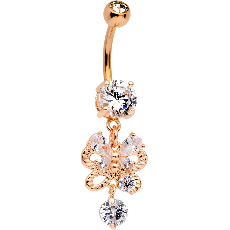 Belly Rings with Unique Gemstones for Stunning Effect -Clear CZ Gem Rose Gold Tone Anodized Butterfly Bow Dangle Belly Ring Belly Rings with Unique Gemstones for Stunning Effect -Clear CZ Gem Rose Gold Tone Anodized Butterfly Bow Dangle Belly Ring