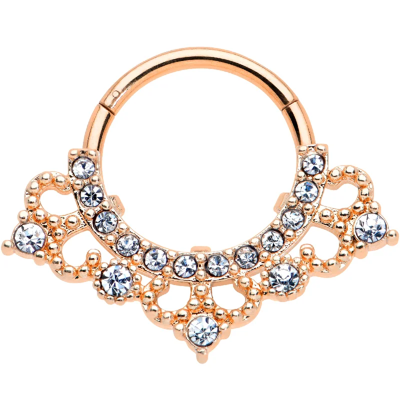 Colored Nose Rings -16 Gauge 3/8 Clear Gem Rose Gold Tone Tiny Tiara Hinged Segment Ring Colored Nose Rings -16 Gauge 3/8 Clear Gem Rose Gold Tone Tiny Tiara Hinged Segment Ring